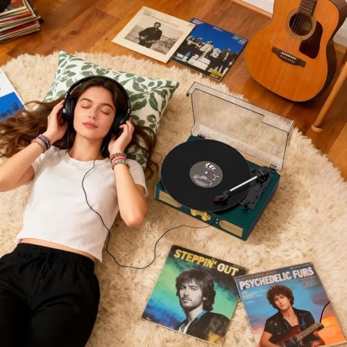 Image of Vinyl Record Player with Built-in Stereo Speakers, Vintage 3-Speed Turntable, Bass /Treble Control, Headphone Jack, RCA /AUX Outputs, Belt-Driven, Dark Green