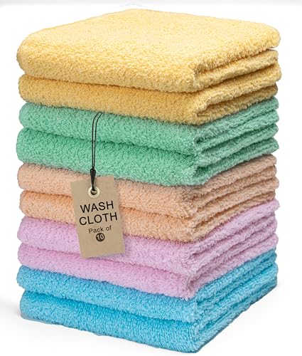 Textila Terry Washcloths – 12x12 Inches – Pack of 10 – Multicolor – Highly Absorbent, Soft Feel and Multipurpose Cotton Wash Cloths for Everyday Use