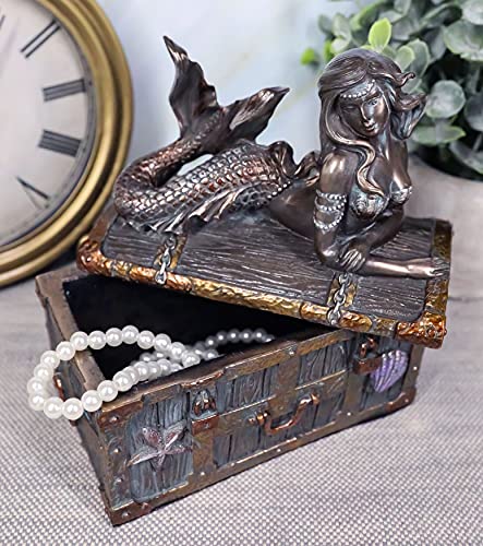 Ebros Bronzed Mermaid Nerida Resting On Sunken Treasure Jewelry Box Figurine 5.25"L Decorative Trinket Keepsake (Faux Bronze Patina) #TOP7