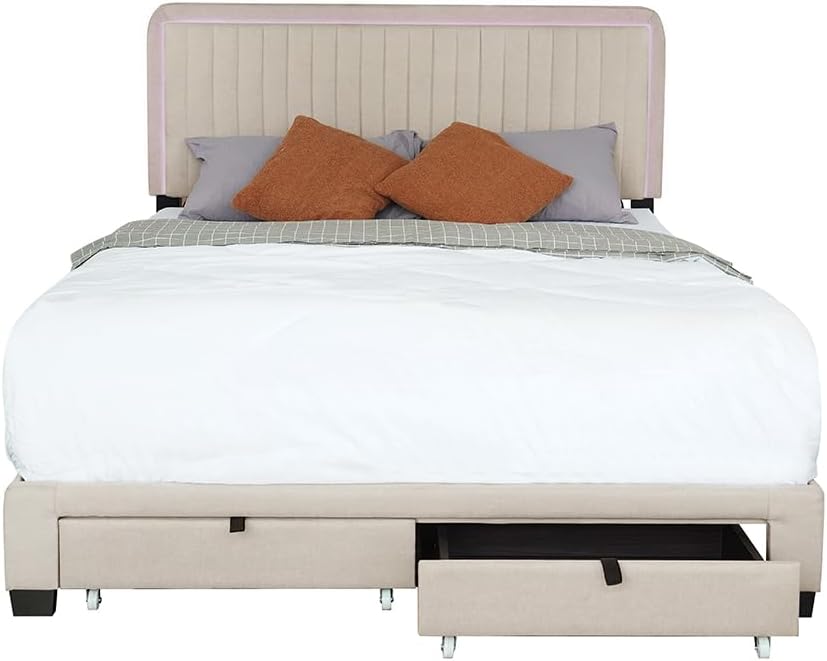 Queen Size Upholstered Bed Framewith Storage and Adjustable Headboard,Bed Frame Platform with 4 Drawers, No Box Spring Required - Easy Assembly, Wood Slat Support Beige