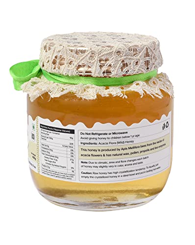 Image of Farm Naturelle Acacia Flora Wild Honey 400g |100% Pure Honey | Raw & Unfiltered|Unprocessed|Lab Tested Honey In Glass Jar with Engraved Virgin Wooden Spoon