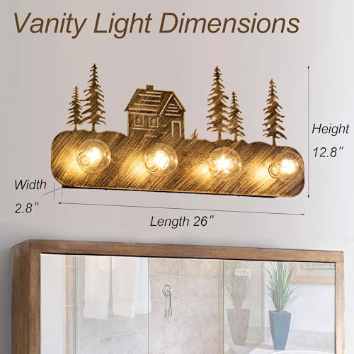 Image of TOCHIC Rustic Bathroom Light Fixtures, Vintage Vanity Light Over Mirror | 4 Lights Farmhouse Vanity Light for Cabinets, Powder Room, Living Room, Bronze, 26 inchL, Dimmable, Western Forest Wall Decor