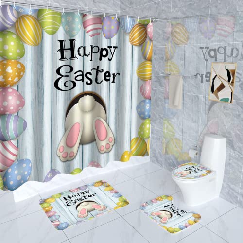 4 Pcs Easter Shower Curtain Set with Rugs, Toilet Lid Cover Bath Mat ,Funny Rabbit Easter Eggs Decoration Shower Curtain with 12 Hooks,65 x 70 Inches Waterproof Easter Shower Curtain for Bathroom Set 4 Pcs Easter Shower Curtain Set with Rugs, Toilet Lid Cover Bath Mat ,Funny Rabbit Easter Eggs Decoration Shower Curtain with 12 Hooks,65 x 70 Inches Waterproof Easter Shower Curtain for Bathroom Set