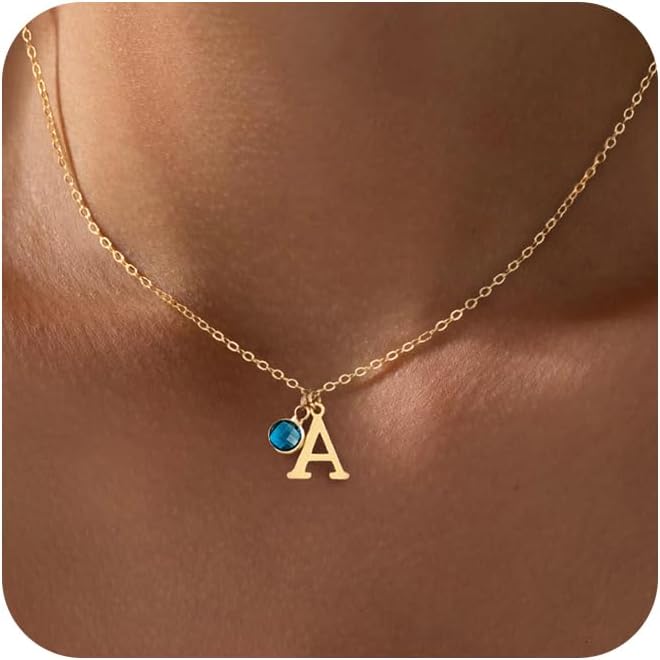 Birthstone Initial Necklace for Women,Dainty 14k Gold Plated Simple A-Z Letter Pendant Necklaces Birthstone Necklaces 12-Months Diamond Necklace Birthday Gifts for Women Friends