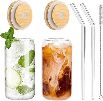Glass Beverage Cup Set with Bamboo Lid, 2 Glass Straws and Cleaning Brush