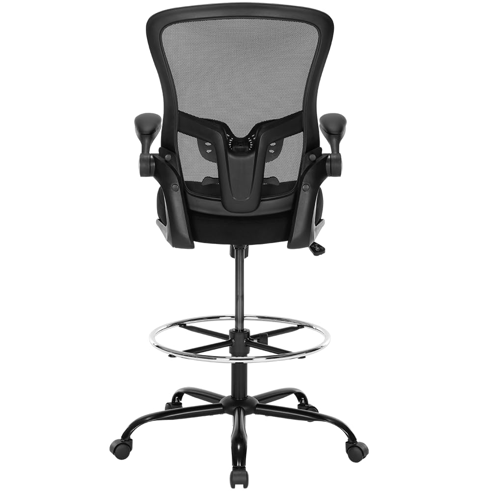 Ergonomischer Zeichenstuhl - Hoher Bürostuhl für Stehpult, Höhenverstellbarer Netzstuhl mit Fußstütze und Klapparmen, Thekenhöhe, Schwarz