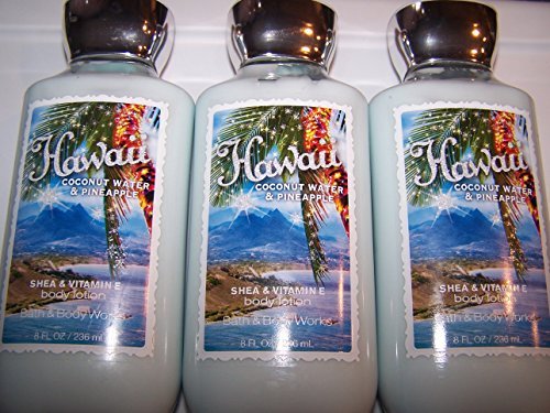 Lot of 3 Bath & Body Works Hawaii Coconut Water & Pineapple Shea & Vitamin E Body Lotion 8 fl oz (Hawaii Coconut Water & Pineapple)