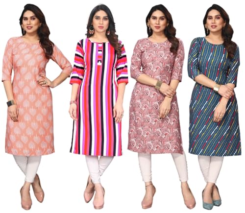 Image of JAKHANA Women's Crepe Printed Casual Straight Calf Length Round Nick Kurta Pack of 4