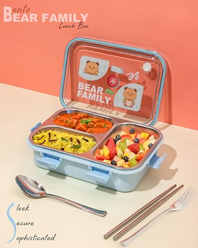 Image of Brand Conquer Lunch Box Leak-Proof BPA Free Stainless Steel for School, Lunch Box for School & Office with a Fork, a Spoon and a Pair of Chopsticks (Blue, Bear Family 3 Compartment)