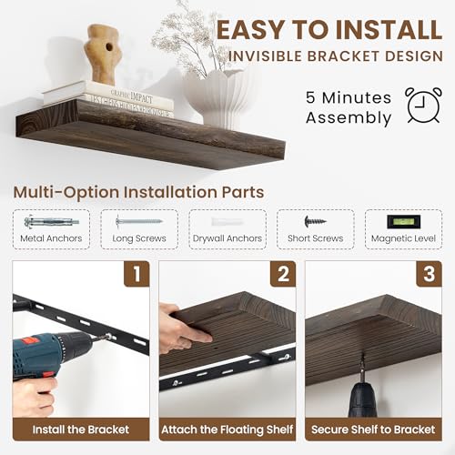 Image of Acovy Extra Deep 36 inch Long Live Edge Rustic Floating Shelves for Wall, Solid Wood Wall Shelves with Invisible Bracket Mount for Living Room Bathroom Bedroom Kitchen, Set of 2, Walnut