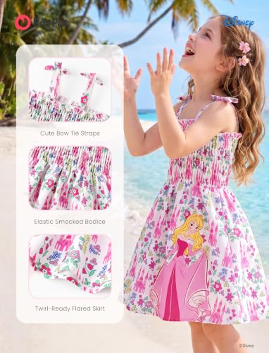 Image of Disney Princess Frozen Elsa Minnie Stitch Toddler Girl Dress Bow Tie Straps Smocked Summer Outfit Birthday Party Clothes 2-9Y