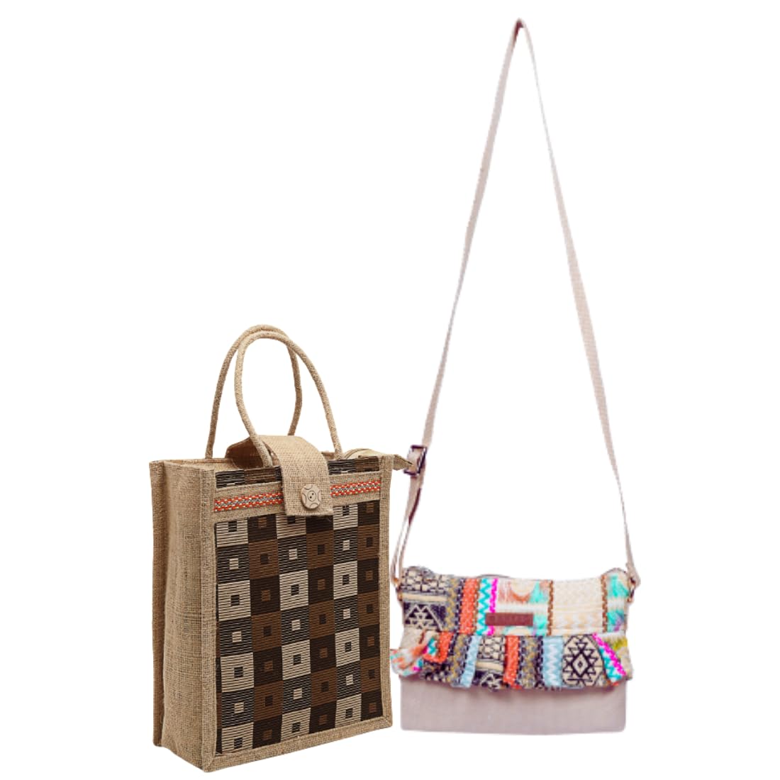 ENSAC Beautiful Ruffle style sling Combo Pack of 2 Jute Eco Friendly Multipurpose Tote Handbags With Double Handle, Zip Bags For Women(Beige)-01