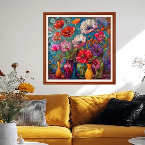 Image of Foxhool Stamped Cross Stitch Kits,11CT Printed Cross Stitch Pattern Full Embroidery Kits for Beginner Needlepoint Kits&Colorful Flower vase 18x18 inchs
