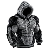 Mens Muscle Line Art Sweatshirt Vintage Western Fuzzy Sherpa Hoodies Winter Warm Big and Tall Street Style Pullover
