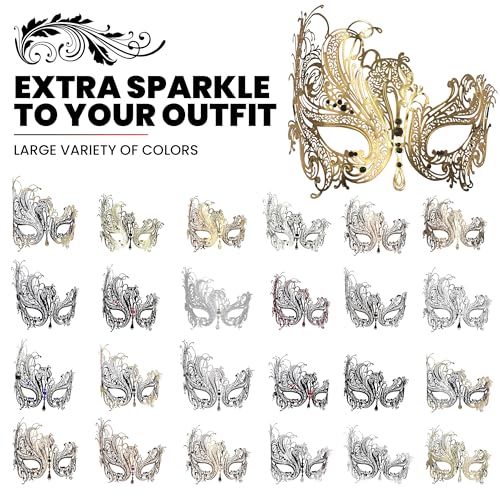 Image of Metal Filigree Masquerade Mask for Women - Swan Style Mask with Rhinestones for Mardi Gras, Prom, Halloween & Venetian Party
