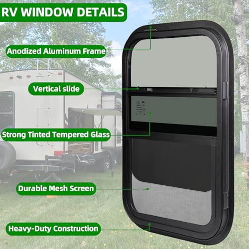 Image of RV Camper Windows,RV Windows for Cargo Trailer Utility Travel Trailer Cargo Van Truck SUV 12 inchW x 24 inchH, Vertical Sliding Replacement Fit 15 /16 inch or 1-3 /8 inch Thick Wall,Allow Error 1 /16 inch,DOT Approved