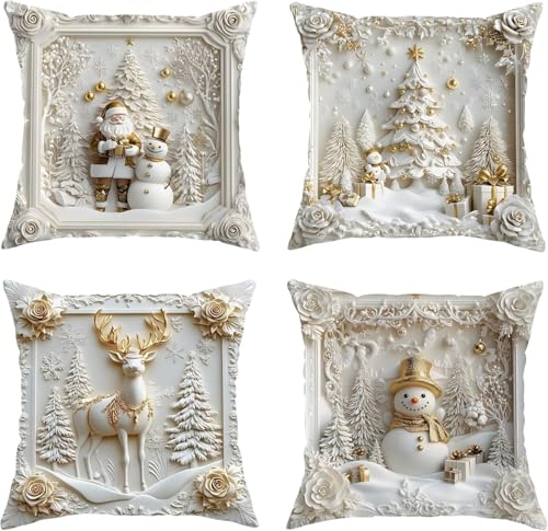 Zoefun 3D Kissenbezug Weihnachten,4er Set Weihnachtsdeko...