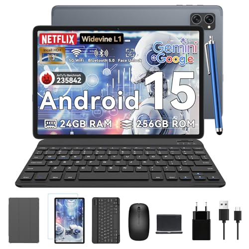 KINGRID Tablet 10 inch,Android 15 Tablet–Gemini AI,24GB RAM+256GB ROM+2TB,Keyboard & Pen Bundle,Octa-Core, Widevine L1,5G WiFi,Bluetooth 5.0,Smat Lens,2-Year Warranty-Grey