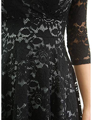 PattyBoutik Women 3/4 Sleeve Lace Overlay Fit and Flare Dress (Black and Gray Large) - Thumbnail 2