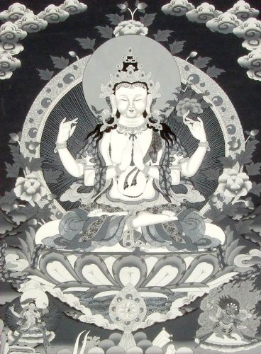 Chenrezig peinture tibétaine Thangka noir et blanc art bouddhiste de salon