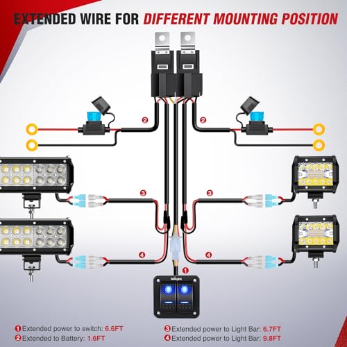 Image of Nilight 16AWG LED Light Bar Wiring Harness Kit-4 Leads | 12V On /Off 2 Gang Rocker Switch Panel Power Relay Blade Fuse 5Pin Toggle Switches for Cars Boat ATV Trucks