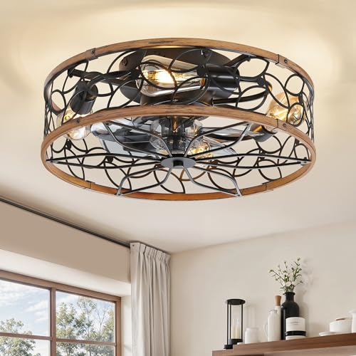 LEDIARY Caged Ceiling Fans with Lights, Farmhouse Flush Mount Ceiling Fan with Remote&App, Black&Walnut Low Profile Ceiling Fan Light Fixture for Bedroom, Kitchen, Dining Room.