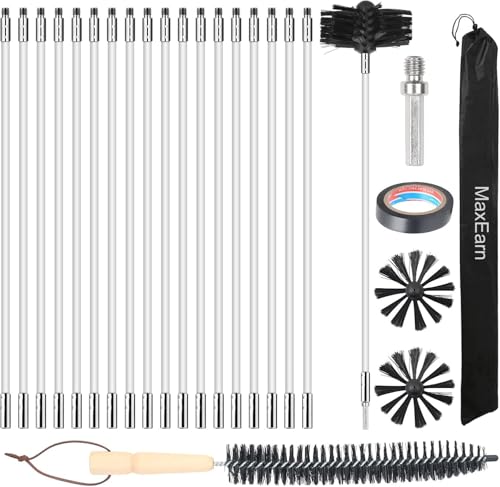 MaxEarn 24 Stk Kaminbürste Stange Set mit 18 Flexible Stangen 410 mm+ 2 Bürstenköpfen 150mm + 1 Lange Holzbürste + Zubehör Schornstein Reinigungsbürsten Kit für Kamin/Abwasserrohr/Trockner Vent