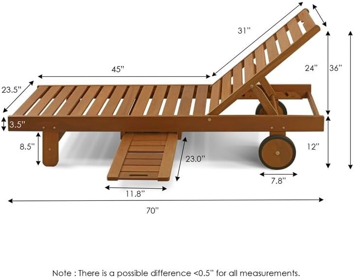 Outdoor Hardwood Patio Furniture Sun Lounger with Tray, 36'' H X 23.5'' W X 70'' L.