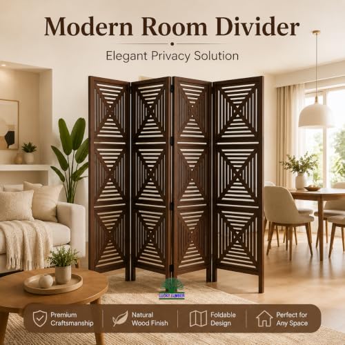 Image of Wooden Room Divider Partition for Living Room | Foldable 4 Panel Decorative Privacy Screen Separator for Home, Office & Bedroom | Modern (Chocolate Brown)