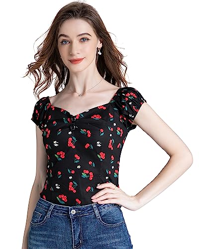 Yarn & Ink Women's Rockabilly Tops 1950S Floral Pinup Vintage Blouse Off Shoulder Shirt (Little Cherry Black Large) #TOP17
