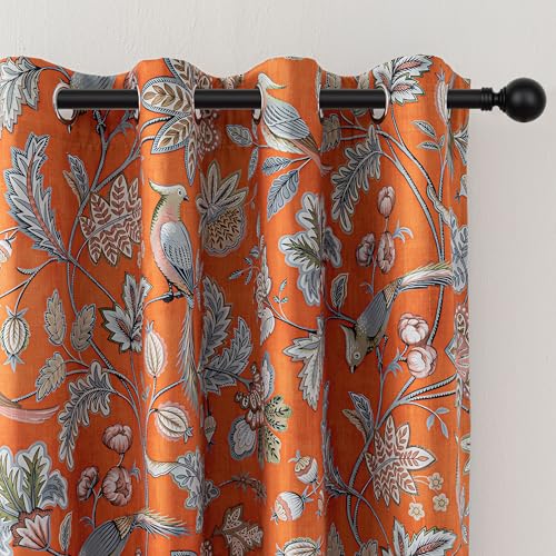 Image of MYSKY HOME Floral Blackout Curtains 84 inch Long for Living Room Darkening Thermal Insulated Vintage Curtains Flower Bird Pattern Printed Grommet Drape for Dining Room Bedroom, 2 Pcs, 52 inch Wide, Orange