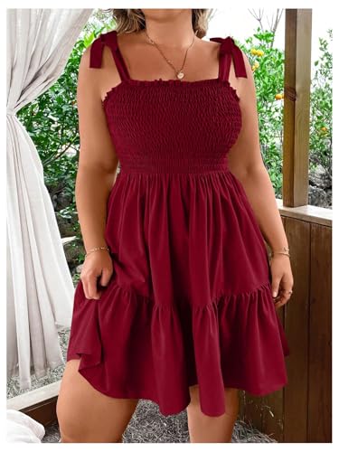 Image of Floerns Women's Plus Size Summer Knot Tie Shoulder Ruffle Straps Flounce Flowy Smocked Sundress Shorts Dress