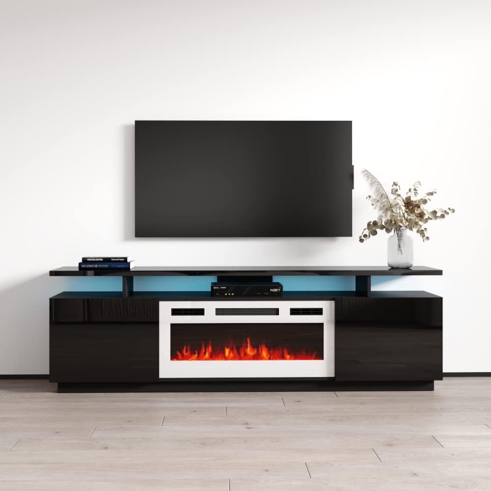 Meble Furniture Eva KWH Electric Fireplace TV Stand — Modern High Gloss Storage Media Console — Fits TVs up to 80", 63.8 x 16.9 x 22.6 in — Black