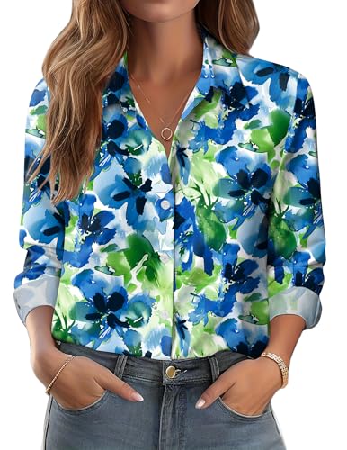 Zeagoo Button Down Shirts for Women Dressy Floral Printed Long ...