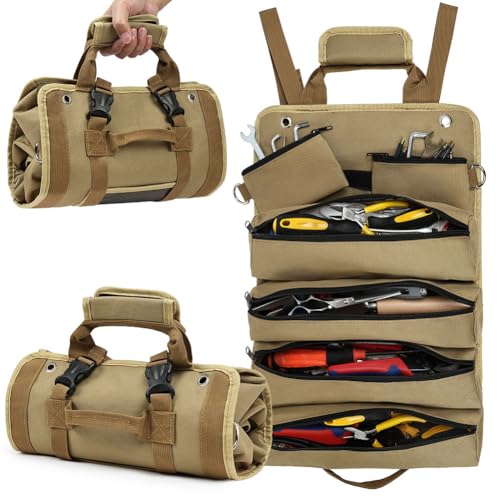 Adiwo Bolsa herramientas, Bolsa Multiusos Enrollable, Organizador de Rollos de Herramientas con 6 bolsillos con cremallera, Tejido Oxford 600D, Para Carpinteros Electricistas Electricistas (Caqui)