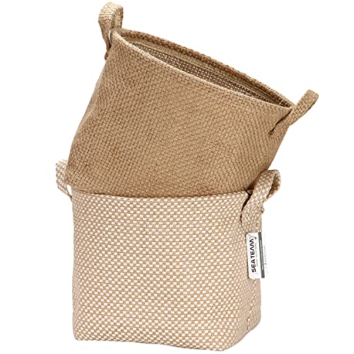 Sea Team Storage Cestas Organizer Box Bins in Yute and Cotton Linen Plegable con Manija Decorativa para Home Toiletry Stationery Sundries Toys Jewerly Color Beige 26 x 26 x 26 cm, 2 unidades