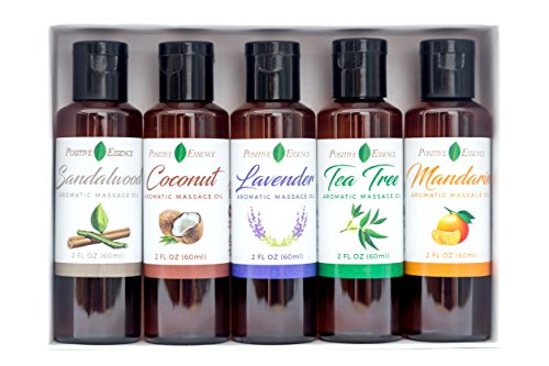 Relaxing Massage Oil Set, Five Relaxing Scents (Coconut, Lavender, Tea Tree, Mandarin, Sandalwood), Made with Jojoba, Vitamin E, Pure Essential Oils, Body Relaxation Massage Oil Kit