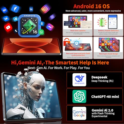 Image of Android Tablet with Keyboard - Android 16 tablet with 26GB+256GB+2TB Expand, 10 inch Tablet with 8-Core, Gemini AI, 5G WiFi, 8000mAh, GPS, GMS, Electronic Tablet PC with Case /Mouse /Stylus-Black Case