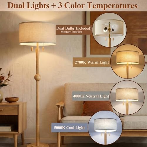 Image of MOFFE Solid Wood Floor Lamp for Living Room with Wooden Pull Chains | 62.8 inch Tall,Sculptural Wood Base & Stem,17 inch Linen Drum Shade,2-Light Standing Lamp for Bedroom & Reading Corner,Bulbs Included