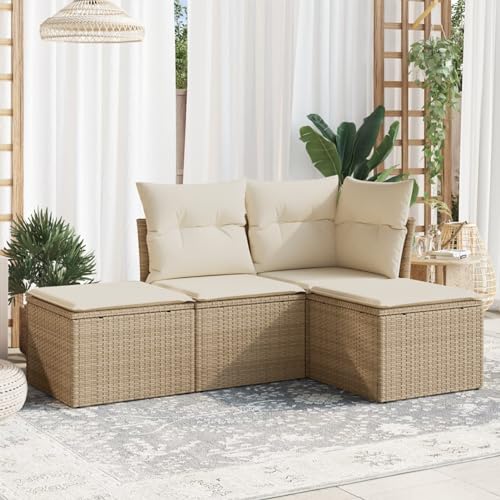 IKAYAA Muebles Jardin Exterior de Ratán, Sofá para Jardín, Sofa Terraza 4 plazas, Sofa Exterior de Ratán, Muebles de Jardín con Cojines Acolchados Beige y Crema Type-3