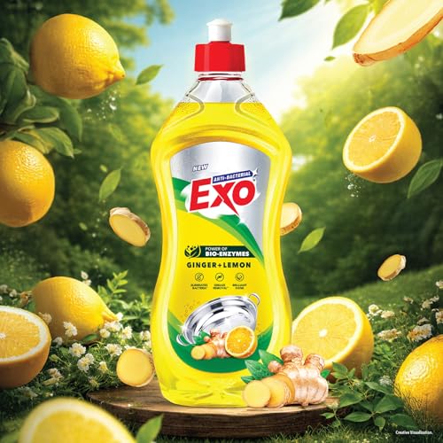 Image of Exo Dishwash Liquid Bottle | Ginger & Lemon | Tough Grease Removal for Utensils | Anti-Bacterial Dishwashing Liquid | Bio-Enzyme Liquid Dishwash | No Residue Cleaning | Fresh Citrus Fragrance - 750ml