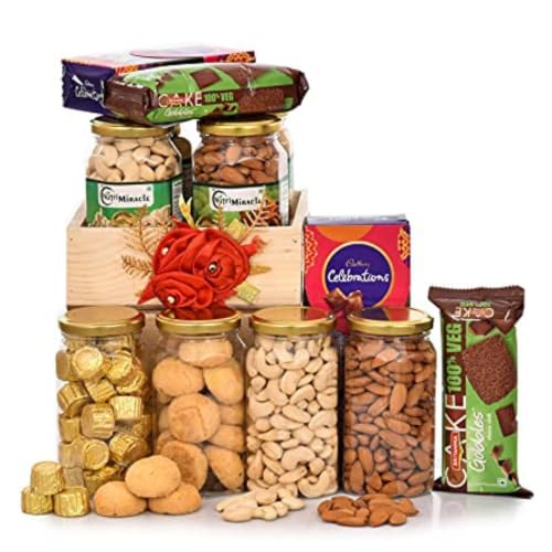 NUTRI MIRACLE Diwali Gift Hamper for Managers and Colleagues | Dry Fruits Almonds Cashews and Chocolates in Wooden Tray