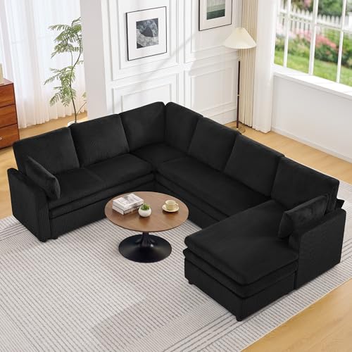 Image of 110 inch Sectional Couches with Right Chaise, Comfy Deep Dual-Layer Cushion Couch, 7 Seater U Shaped Couch, Modern Modular Sofa, Corduroy Sofas for Living Room, Apartment, Black