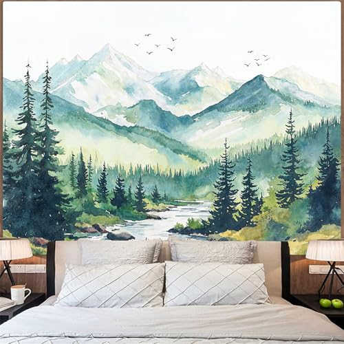 Accnicc Watercolor Forest Mountain Tapestry Green Nature Pine Tree River Wall Tapestry for Bedroom Aesthetic Misty Woods Extra Large Tapestries Wall Hanging for Living Room Dorm Decor 90 x 68 Inch