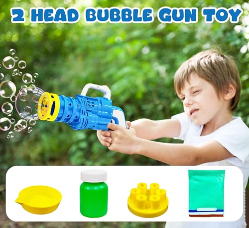 Image of VGRASSP Electric Dual Head Bubble Gun Toy for Kids - 2 Changeable Heads with Soap Solution, Bottle and Tray - Indoor and Outdoor Bubble Launcher for Boys and Girls - Color As Per Stock