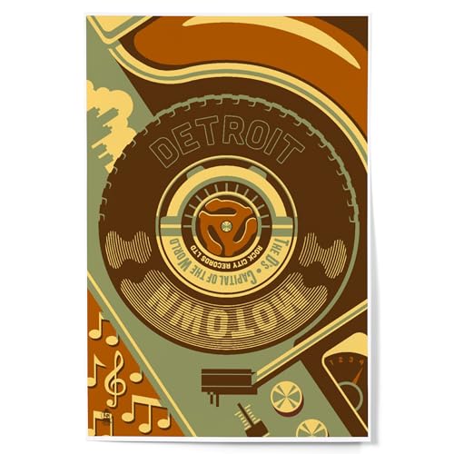 Lantern Press 12x18 Inch Art Print Wall Decor, Detroit, Michigan, Motown and Motor City
