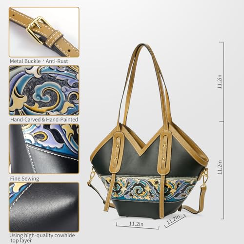 Image of Women's Leather Tote Bag & Large Capacity Hand-Carved Cloud Design, Full-Grain Cowhide