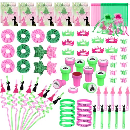 Janinka 90 Pcs Pink Green Party Favors Scrunchies Crowns Cups for Kids