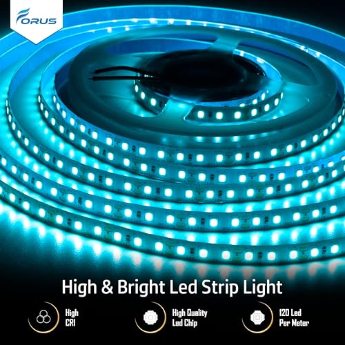 Image of Forus 5 Meter (5M) 8mm Ice Blue LED Strip Light, 120 LEDs /M Plug & Play Flexible Lighting for Home Decor, False Ceiling, Pooja Room, Living Room, Kitchen, Mirror, Stairs, 2-Year Warranty