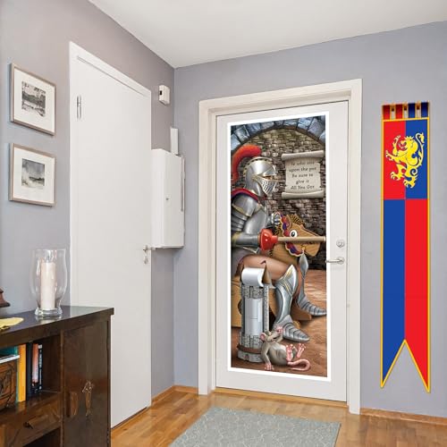 Image of Beistle Knight Restroom Door Cover - 2 Pack, Medieval Castle Bathroom Party Decorations, Funny All-Weather Plastic Backdrop for Renaissance Fairs, Festivals, Birthday Parties, Themed Events, 6' x 30 inch